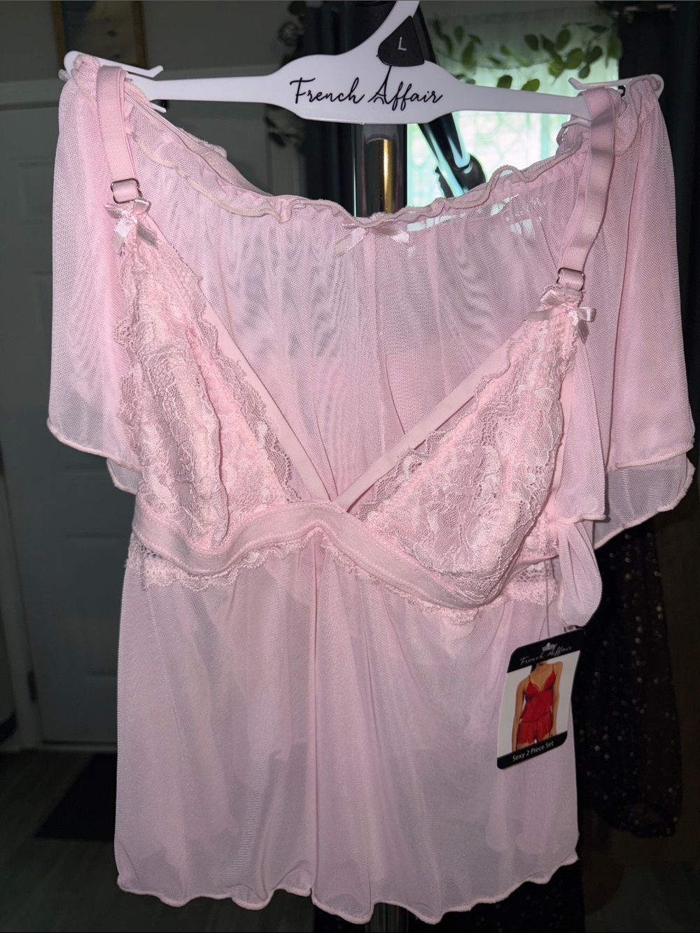 French Affair Pink Lace Babydoll 2 piece set Large